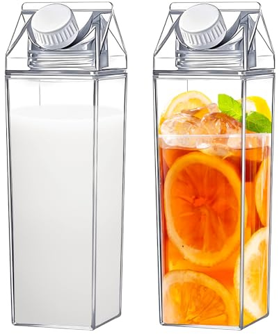 WAMEITF 2PCS 1L Milk Carton Storage Bottles, Plastic Reusable Portable Juice Bottles, Sturdy Square Clear Water Bottle, Leak Proof Drinking Bottle for Storing Beverages, Milk, Water, Coffee, Wine