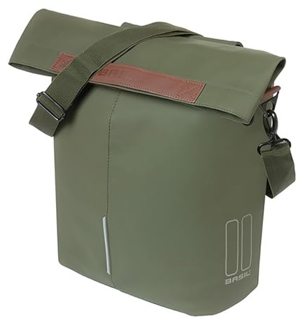 Basil Fahrradshopper MIK Hooks – 14–16L – Veganes Leder – Wasserfester Faltverschluss mit Magnet – Innenfach mit Reißverschluss – LED-Befestigung – Reflektierend – Abnehmbarer Schultergurt – Moosgrün