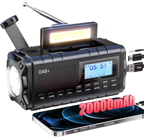 SOLARBABY Dab+/FM Radio Solaire d’Urgence, Radio à Manivelle avec 20000mAh Power Bank, Radio Solaire Dynamo avec Lampe Torche Lampe de Lecture Alarme SOS USB pour Randonnée Camping Extérieur, Noir