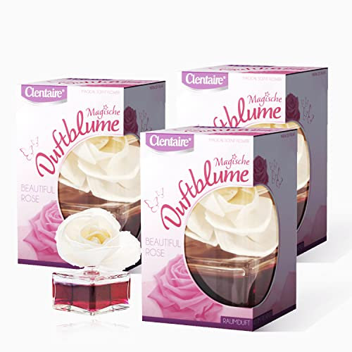 CLENTAIRE Duftblumen 3er Pack, 3 x 75 ml, Beautiful Rose - sinnlicher Raumduft, handgefertigte Papierblume auf Maniok, Raumdekoration