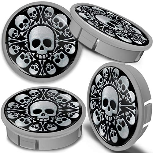 SkinoEu 4 x 60 mm silver svart skalle ben aluminiumfälgar navkapslar, fälglock, navskydd, navskydd, fälgkåpa, hjulnavskydd, CXS 2