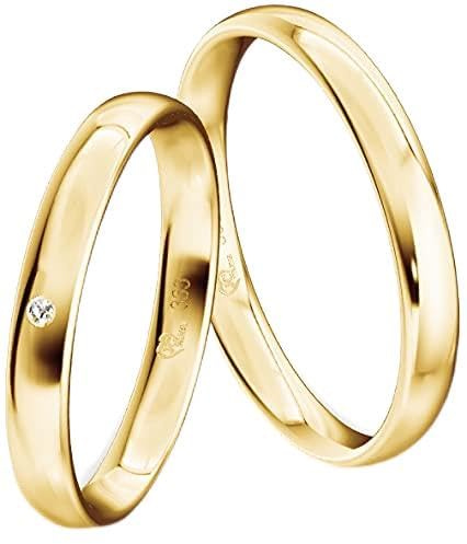 JC Trauringe Gelbgold 333 Paarpreis Eheringe Gold I Verlobungsringe Gold breit 3,0 mm I Partnerringe mit Gravur in edler Schatulle I 2 Hochzeitsringe Herrenring & Damenring mit Stein