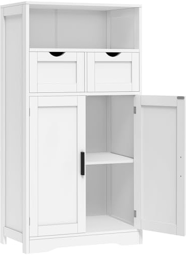 Iwell Bathroom Cabinet with Doors and Drawers, Freestanding Bathroom Storage Cabinet, Adjustable Shelves, for Living Room, Kitchen, Home Office, White