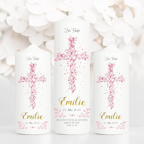 Wandtattoo Loft Taufkerze Mädchen mit Taufspruch + 2 Patenkerzen, Motiv Heiliges Kreuz aus rosa Blättern, 25cm x 7cm personalisierte Kerze, bedruckte rosa Kerze Taufe, Stumpenkerze, Taufgeschenk