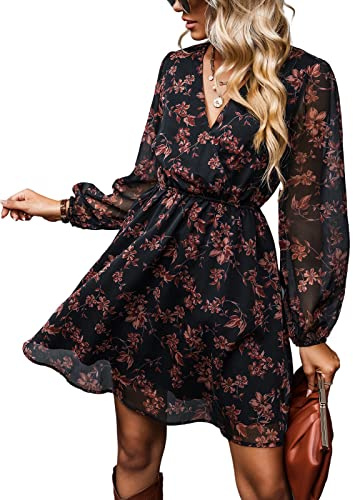 CUPSHE Femmes Imprimé Floral Mousseline de Soie Ligne A Robe Manches Longues paysannes Taille élastique Mini-Robes