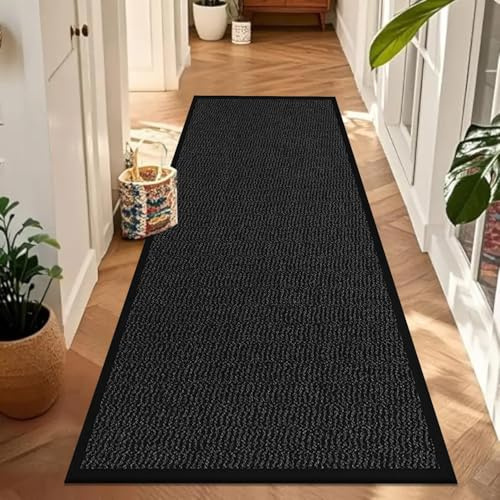 Waterproof Runner Rug for Kitchen Floor - Black, 60 x 180 cm - Heavy Duty Waterproof PVC Backing Dirt Grabber Entrance Welcome Carpet Mat