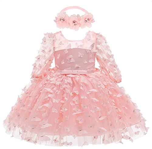 Vestito da battesimo bambina a maniche lunghe 3D farfalla principessa tutù vestito in tulle+fiore fascia per compleanno, Colore: rosa., 18 Mesi