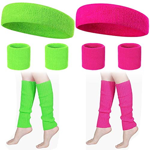 Polsini Tennis anni 80 Neon Sweatband Set 80s 6 Pezzi e 4 pezzi Maniche Scaldamuscoli Color Neon Retro Party Accessori Per Donna Uomo 2 Colori Rosa Verde Accessori Fitness