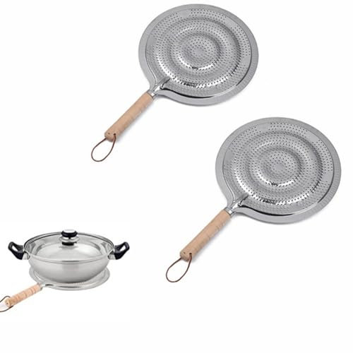 Beetoo 2PCS Cast Iron Heat Diffuser Reducer, Flame Guard Simmer Plate, Ring Flame Guard with Wood Handle for Electric and Gas Stovetops