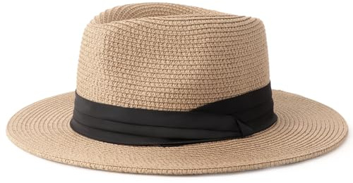 DRESHOW Women Straw Panama Hat Travel Fedora Beach Sun Hat Summer Wide Brim Straw Roll up Hat UPF 50+