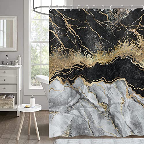 Hnmdmyi Duschvorhang Marmor Optik Schwarz 180x180, Grau Gold Glitzer Duschvorhänge Abstrakt Riss Tinte Textur Modern Luxus Kunst Badewanne Vorhang Wasserdicht Polyester Stoff Waschbar Badevorhang