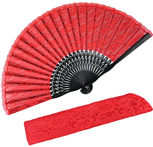 iZoeL Hochzeitsfächer Brautfächer Spitze Handfächer Fächer Rot | Eleganter Spitzen Fächer mit Leinen Geschenktüte, faltbarer Handfächer für Hochzeit, Party, Fasching & Braut Accessoires