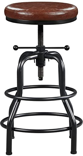 Yaheetech Tabouret de Bar Industriel en Similicuir Tabouret Haut Rond Réglable en Hauteur avec Deux Repose-Pieds Tabouret de Comptoir pour Cuisine Restaurant Design Néo-rétro Marron