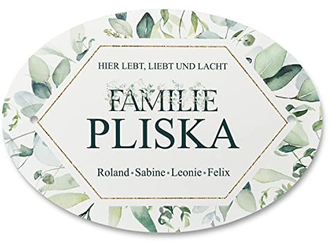 FEENSTAUB Personalisiertes Türschild, Haustürschild, Türschild personalisiert mit Namen, Haustürschild mit Namen, Familienschild Haustür Wohnungstür, Hexagon Eukalyptus