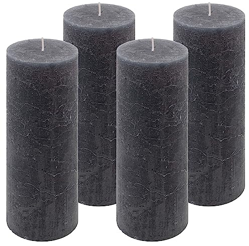 Nexos Trading - Anthrazitfarbene Rustik-Kerzen, 4er Set, Höhe 20 cm, Ø 7,5 cm, Brenndauer ca. 90 Stunden, Duftfrei, Zylindrisch, Indoor, Hochzeits- & Weihnachts-Deko