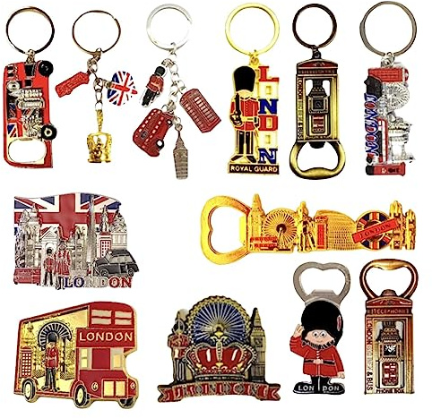 Lot de 12 porte-clés en métal souvenir de Londres – Porte-clés en métal – Aimant de réfrigérateur et décapsuleur