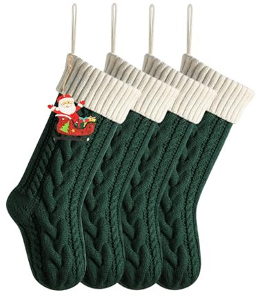 Hixingo Weihnachtsstrumpf Personalisiert 1/2/4er, Große Klassische Gestrickt Bestickte Nikolausstrumpf Weihnachtssocken zum Aufhängen und Befüllen Kamin Weihnachtsbaum Deko (Beige grün,4 Stück)