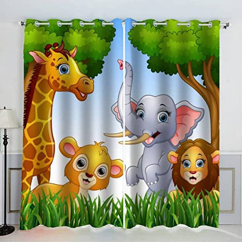AKATIE Zoo-Karikatur Gardinen Kinderzimmer 3D Drucken Fenstervorhang Süße Tiere Vorhänge Abdunkelnd Blickdichte Schallschutz Gardinen mit Ösen 2er-Pack (140x160 cm)