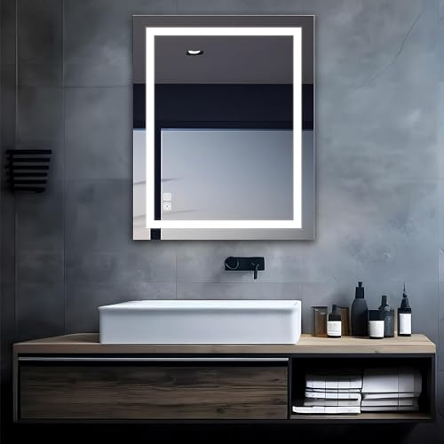 MIQU LED Badspiegel mit Beleuchtung 80x60 cm Badezimmerspiegel, Bad Groß Spiegel mit Steckdose Touch Dimmbar Warm/Weiß Licht Beschlagfrei Wandspiegel für Badezimmer, WC, Flur Rechteck D