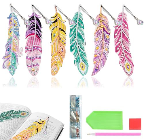 6 Stück 5D Diamond Painting Lesezeichen Set, DIY Diamant Malerei Feder Bookmark mit Anhänger Kristall, Kinder Strass Zeichnung Lesezeichen für Kunsthandwerk Seiten Markierungen Geschenk