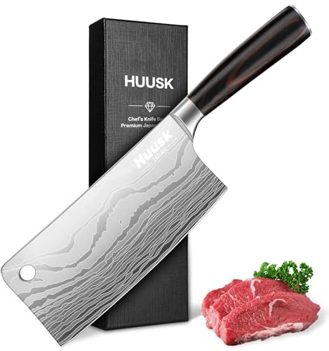 Huusk Meat Cleaver Knife 7 inch, Japanese Butcher Knife for Meat and Vegetable Cutting, Chopping Knives with Ergonomic Handle for Kitchen and Camping, Gift for Men and Women