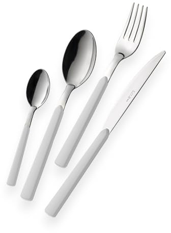 Eme Posaterie Set di 16 Posate Linea Fast, Acciaio inox, Con Manico a Linea, Elegante Set di Posate con Coltello, Forchetta, Cucchiaio per casa, ristorante lavabile in lavastovigli (Bianco)