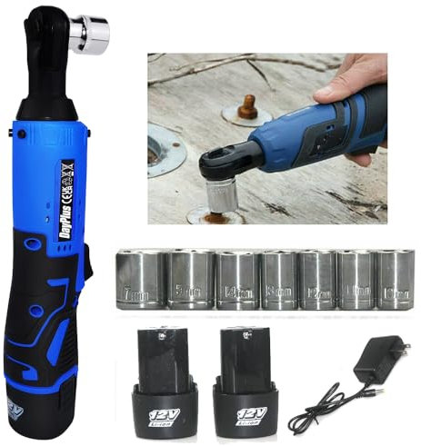 DayPlus Set di chiavi a cricchetto elettriche a batteria con 2 batterie da 1,5 Ah, chiave elettrica da 12 V, azionamento Sq da 3/8, chiave angolare a 90°, 7 prese