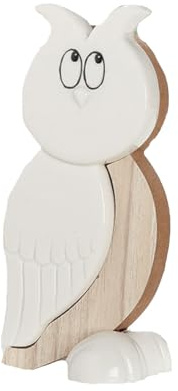 DRW Figura Buho Madera y Ceramica Blanco y Natural 7x5x15 cm