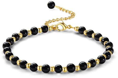 ADRAMATA Pärlarmband för kvinnor och flickor 5 mm natursten armband 3 mm rostfritt stål justerbart guldpläterat damarmband smycken med kristall boho presentask
