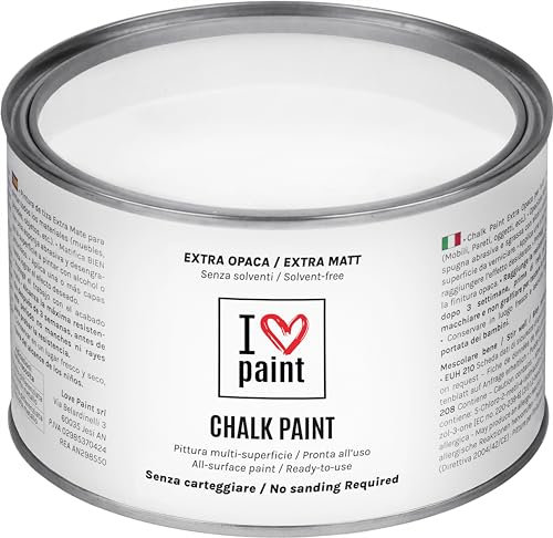 I LOVE CHALK PAINT Colore Bianco Gesso 375 ml - Senza Carteggiare Colora Mobili, Pareti e Oggetti - Senza solventi e formaldeide – Inodore a base di acqua