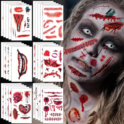 AHOZEE Tatouages Halloween Temporaires, 50 Feuilles de Tatouages Réalistes Représentant des Cicatrices et des Blessures Sanglantes, Maquillage d'Halloween pour Cosplay, Zombie, Vampire, 360 Pièces
