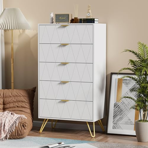 UEV Cassettiera a 5 Cassetti con Motivo a Linea, 60x34x110cm, Bianco