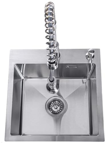 Lendo Online Evier Cuisine 1 Bac avec Robinet de Cuisine - Douchette Pivotant à 360° - Evier Inox avec kit de vidange complet - Bouchon d'eau et Siphon (Argent, 44x44x20cm)