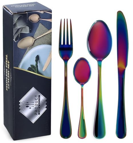 Myetasser Premium Edelstahl Besteckset 24tlg-6 Personen (6x Messer/Gabeln/Löffel) - Spülmaschinenfest, Hochglanzpolitur - Modernes Design in Regenbogen-Effekt