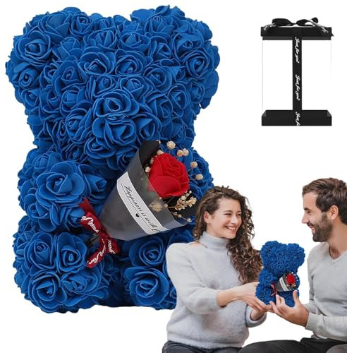 Weqizuerqi Oso de peluche con ramo de rosas, flores artificiales de oso, San Valentín, con caja transparente, oso de San Valentín, decoración de osos rosas, 24 x 16 cm