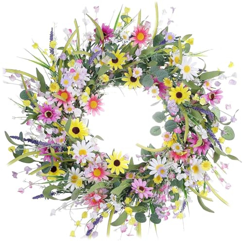 Spring Wreaths for Front Door, 55cm/22inch Artificial Wildflower Wreath, Realistic Hanging Summer Front Door Easter Wreath for Wall Wedding Festival Farmhouse Decorations