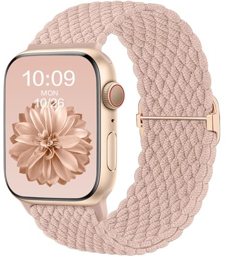 CeMiKa Compatible avec Bracelet Apple Watch 42mm 41mm 40mm 38mm Femme Homme, Tressé élastique Stretch Alternative Sport Band pour iWatch Series 10 9 8 SE 7 6 5 4 3 Ultra 2 1, Rose Sable