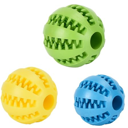 TownTop 3 bolas de juguete para perros con función de cuidado dental, juguete a prueba de mordeduras, pelota de caucho natural para perros, bolas interactivas, azul+amarillo+verde (5/6/7 cm)