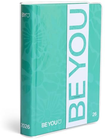 BE YOU - Blommönster, skoldagbok 2025–2026, 12 månaders dagbok daterad, standardstorlek 13,5 cm x 18,2 cm, transparent övertäckning, dagbok med klistermärke och bokmärke