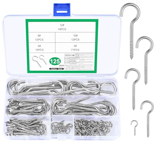 125 Pcs Screw Hooks for Hanging Hook, Stainless Steel Screw-in Hooks for Garden Lights, Open Eye Ceiling Cup Hook Heavy Duty for Hanging Plants Cups Kitchen Home Indoor Outside Lights
