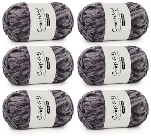 Coopay Chenille Wolle zum Häkeln, 6x100g Weiche Samtig Chenillegarn, Flauschige Dicke Wolle zum Stricken, Warme Plüschwolle Häkelgarn für Decken, Schals, Mützen - Dunkelgrau