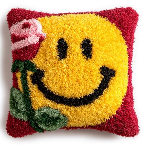 Juego de cojines de nudos para relajarse, kit de cojín de gancho para atar sin estrés, completo con instrucciones y herramientas, para niños y adultos, principiantes, 43 x 43 cm, rosa sonriente