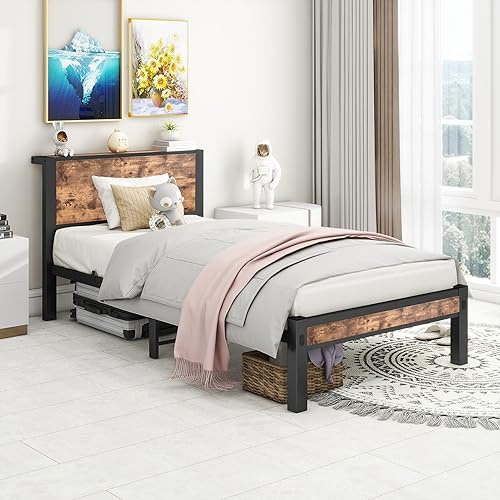 HAUSPROFI Bett mit LED und Ladestation, Metallbettgestell mit Stauraum, Braun (100 x 200)