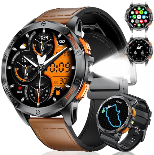 ESFOE GPS Militare Smartwatch Uomo Impermeabile 10ATM con Torcia LED 1,43 AMOLED Display Rugged Smartwatch Orologio con Chiamate Bluetooth, Altitudine, Pressione, Bussola per Android iOS