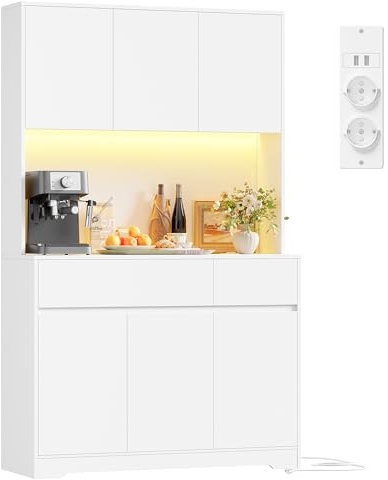 FirFurd Kitchen Cupboard 180cm Tall Cabinet Kitchen Sideboard Storage Cabinet with LED, Power Outlet, Adjustable Shelves, 2 Drawers, 6 Doors, Large Countertop 180x100x38.5 cm White