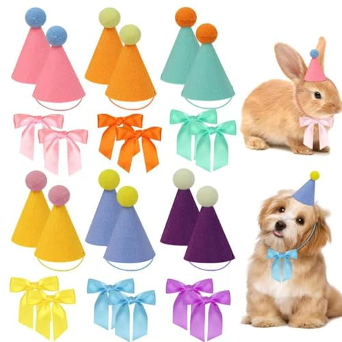 12 Stück Mini Partyhüte in sanften Farben Mit Fliege Partyhüte für kuscheltiere Kleine Partyhut Kuscheltiere für Hunde, Katzen, Kaninchen und Stofftiere, Niedliche Tierparty Dekoration