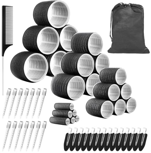 54 Pcs Hair Rollers Set with Clips, 4 Sizes(60/48/36/25mm) Hook and loop Rollers with 28 Metal Clips for Long Medium Short Thick Fine Hair, Curly DIY Hairdressing Kit