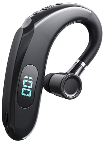 Single Ear Wireless Phone Earpiece Hands free Bluetooth Headset with Microphone IPX6 Waterproof Earphones Over Ear Noise Cancelling Handsfree Ear Piece with Mic for Business Meeting Driving Sports