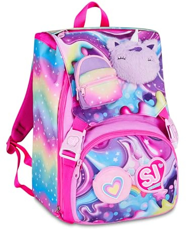 SJ GANG STYLE JAM GANG Zaino Scuola Estensibile SOFT POUCH GIRL, Multicolore, 24L, Zip Laterali, Applicazione morbido unicorno, Tasca frontale, Tasca portaborraccia, Scuola elementare, Bambina