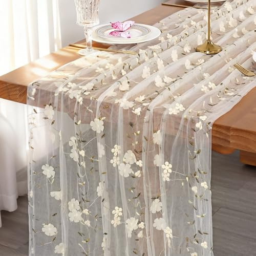 Weldomcor White Gauze Table Runner, 70 × 300 cm Sheer Cheesecloth Table Runners with Embroidery 3D Flower Spring Seasonal Table Decor for Kitchen Dining Coffee Wedding Arch Birthday Party
